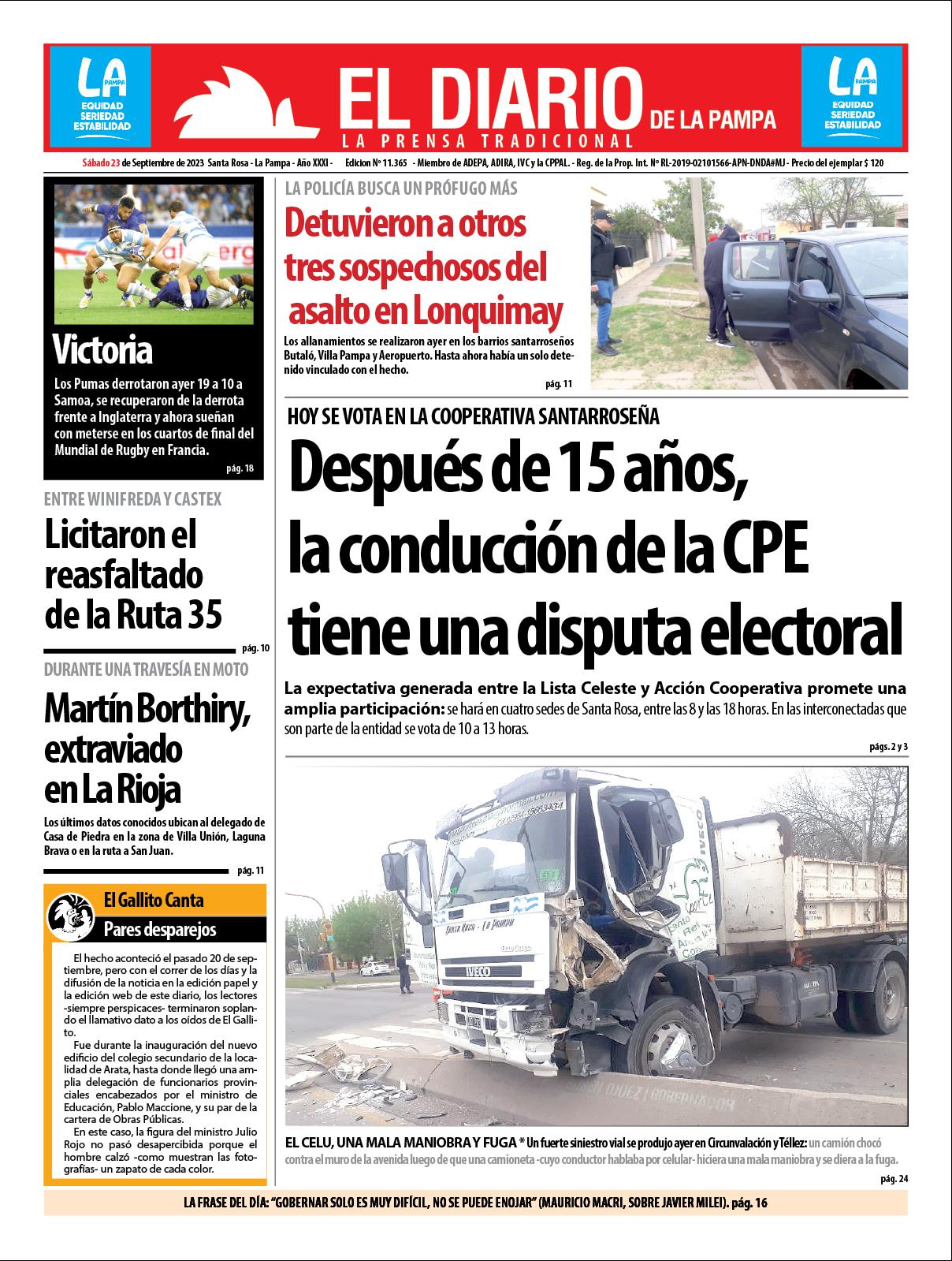 Tapa de El Diario en papel  saacutebado 23 de septiembre de 2023